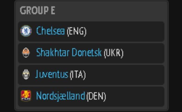 Bảng E: Chelsea (Anh) – Shakhtar Donetsk (Ukraine) – Juventus (Italia) – Nordsjaerlland (Đan Mạch)